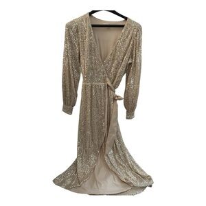 Lauren Conrad Sequin Wrap Gown XS Champagne Maxi Formal Wedding Guest